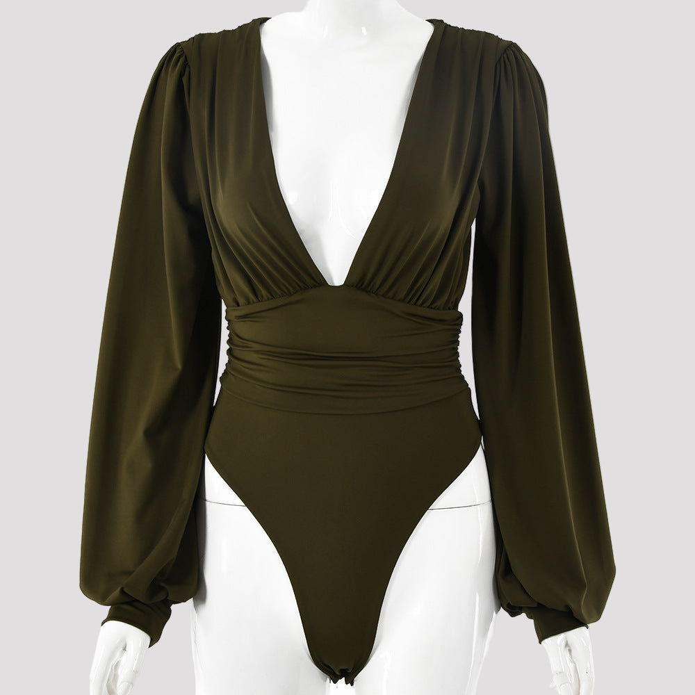 Long-sleeved deep V waist bodysuit