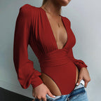 Long-sleeved deep V waist bodysuit