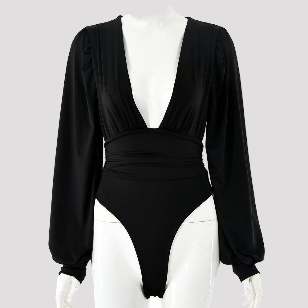 Long-sleeved deep V waist bodysuit
