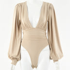 Long-sleeved deep V waist bodysuit
