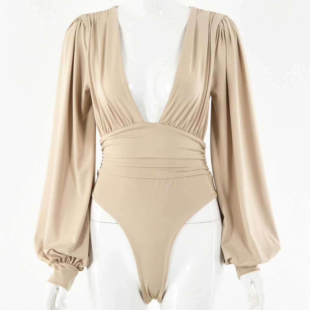 Long-sleeved deep V waist bodysuit