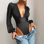 Long-sleeved deep V waist bodysuit