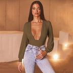 Long-sleeved deep V waist bodysuit