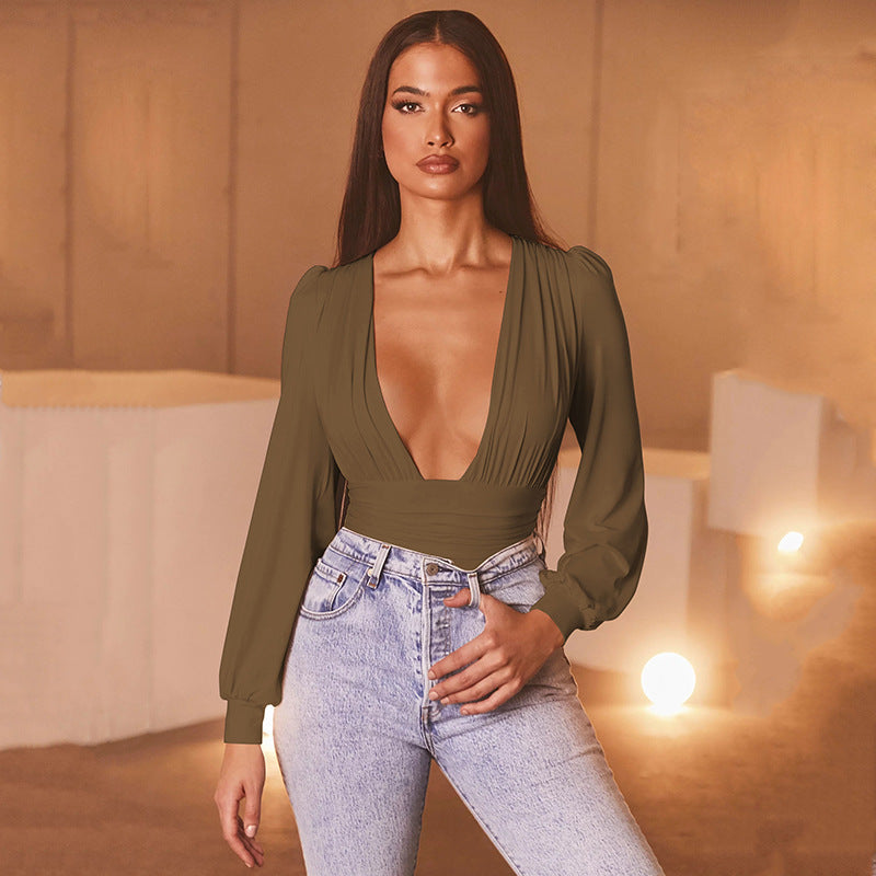 Long-sleeved deep V waist bodysuit