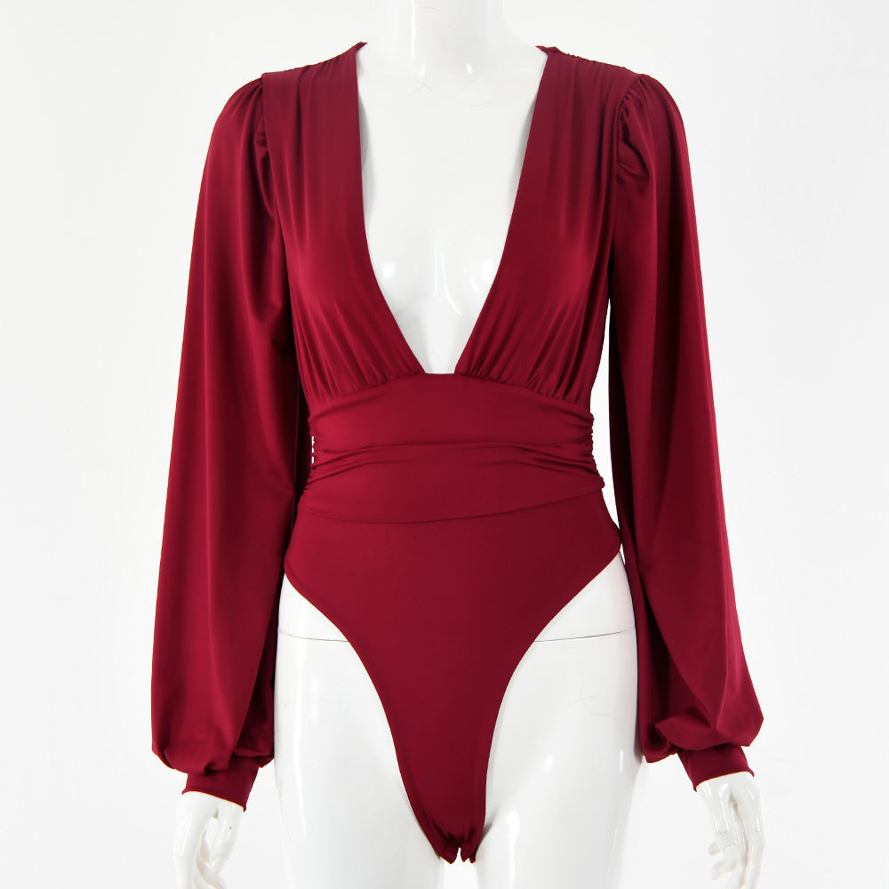 Long-sleeved deep V waist bodysuit