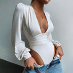 Long-sleeved deep V waist bodysuit