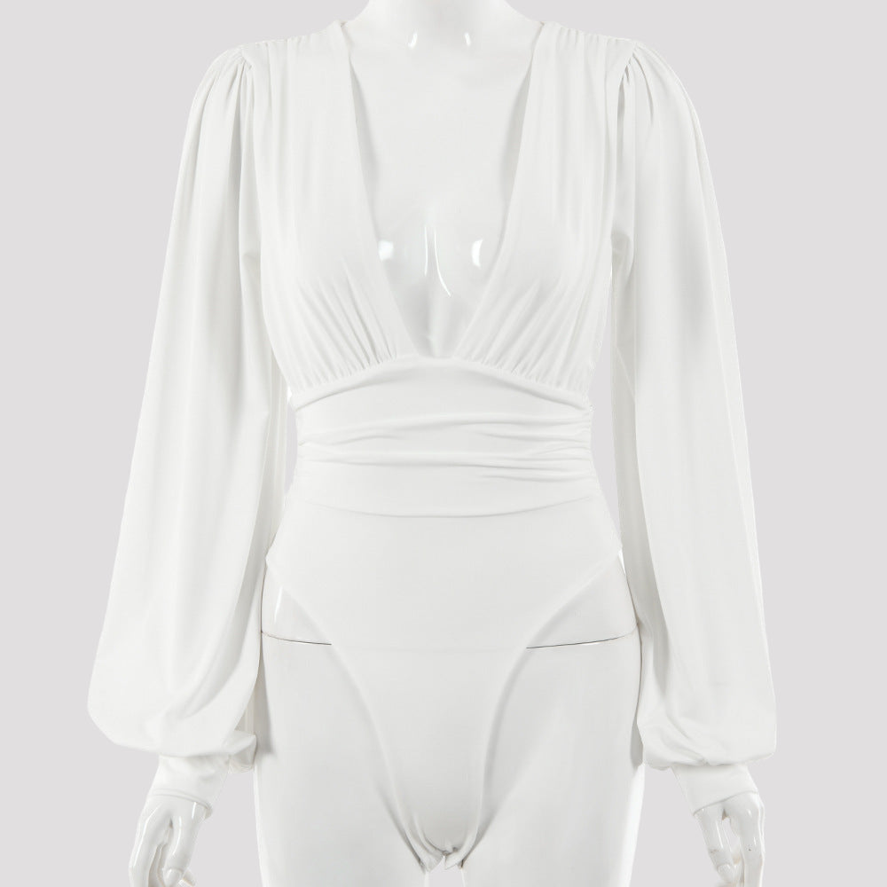 Long-sleeved deep V waist bodysuit